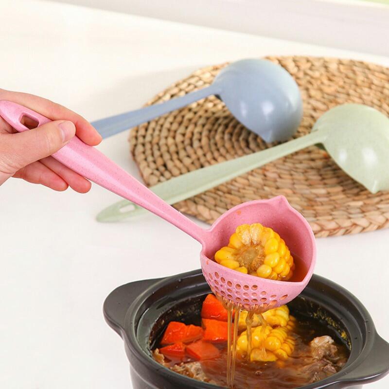 (Pack of 2) 2 In 1 Long Handle Soup Spoon Home Strainer Cooking Colander Kitchen Scoop Plastic Ladle Tableware Sifter