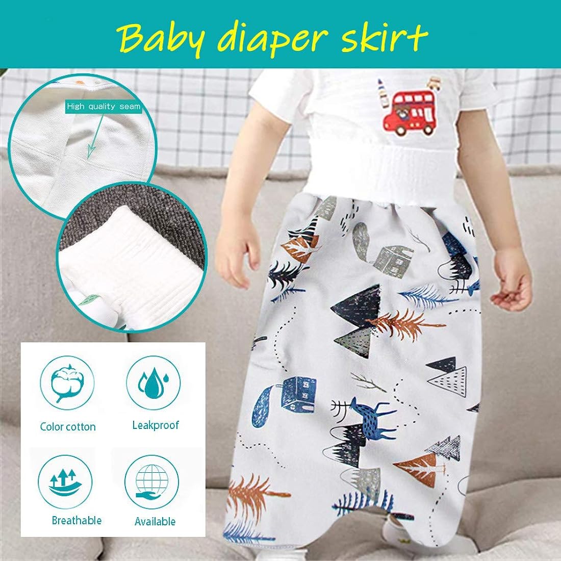 ( Pack of 3 ) Kimi Baby Diaper Skirts Waterproof and Leak-proof Diaper Training Pants Children Cotton Cloth Washable Reusable High Waist Diaper Skirt Pants