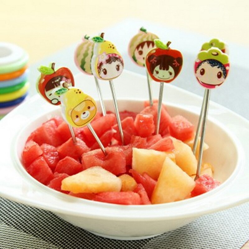 Fruit Fork Food Picks Cartoon Plastic Fruit Dessert Fork (1 holder and 8 forks)