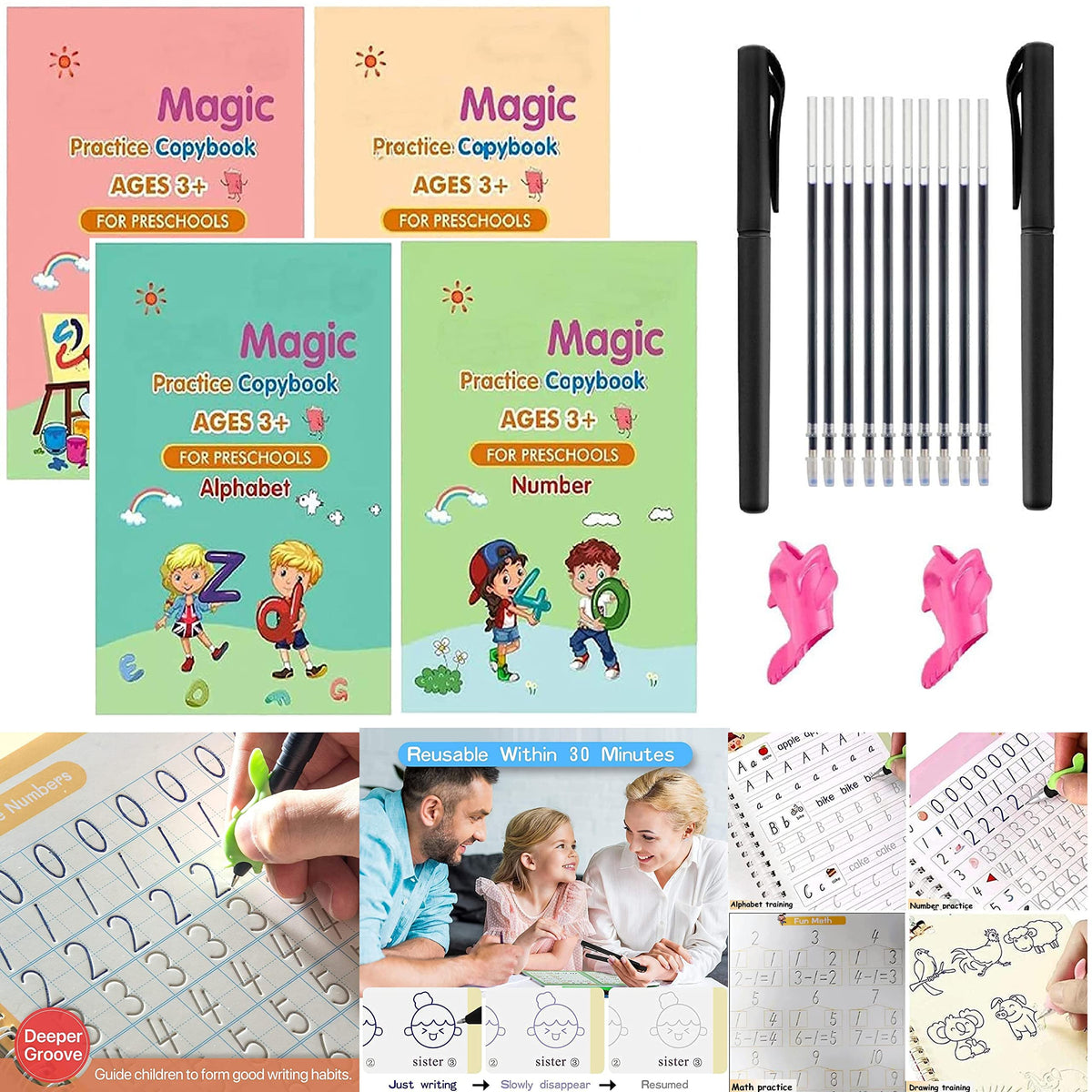 (pack of 4) Magic Practice Copybook for Kids, Children Reusable Handwriting Practice Copy Books for Preschools Magic Workbook Letter Writing Book