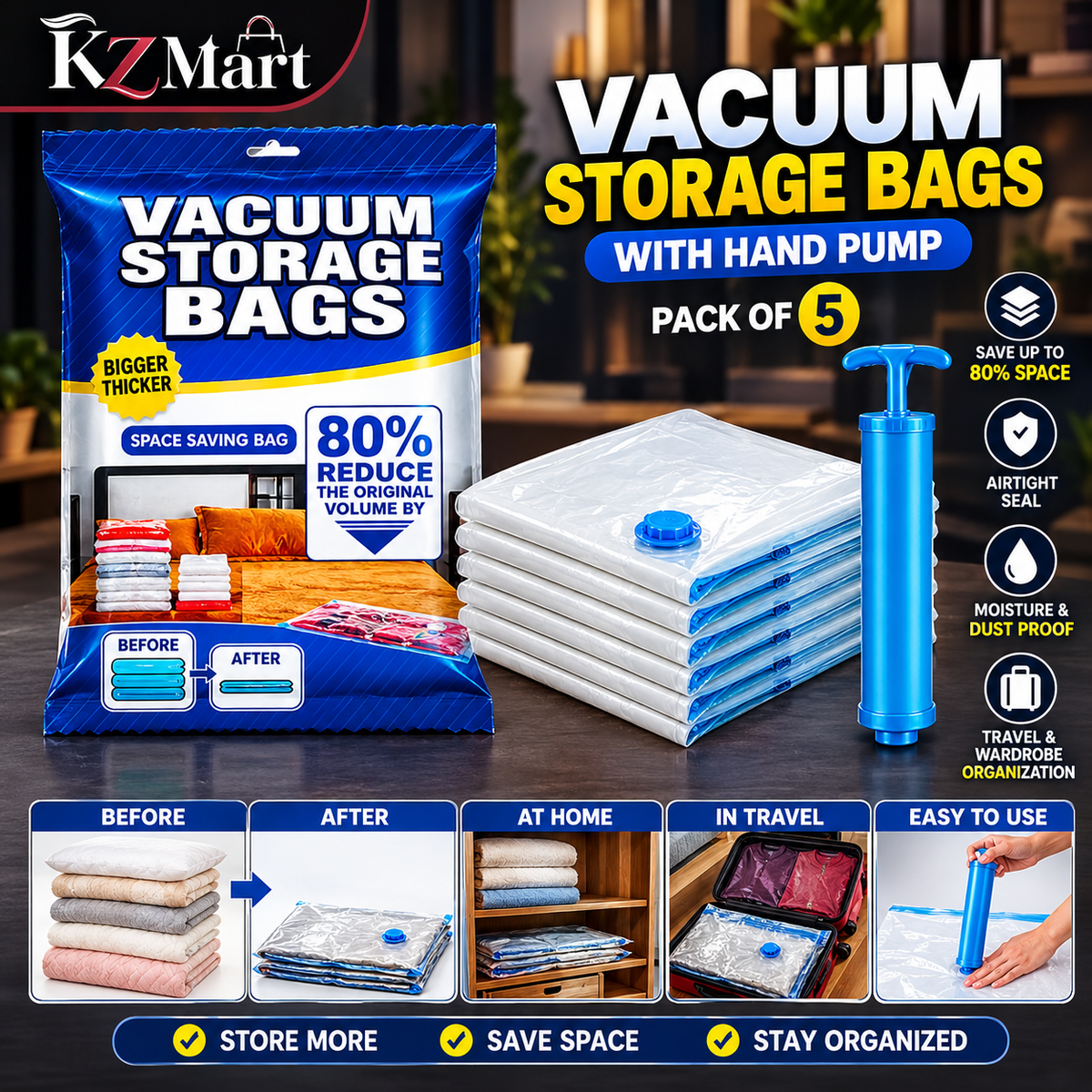 |FREE DELIVERY| Vacuum Storage Bags with Hand Pump – 5 Pack