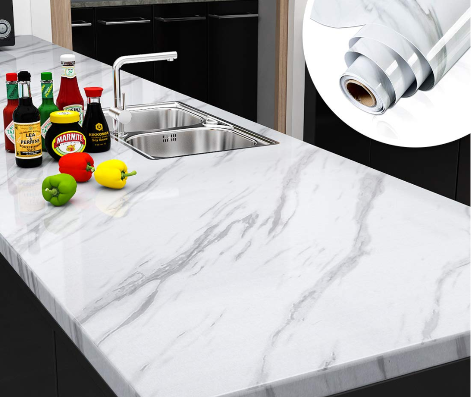 (Pack of 5) Self Adhesive White Marble Sheet for Kitchen / Waterproof Anti Oil & Heat Resistant Wallpaper Sheet (2 Feet x 6.5 feet)